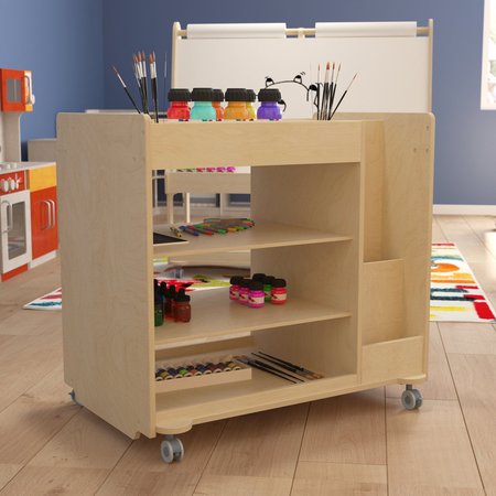 FLASH FURNITURE Bright Beginnings Commercial Wooden Mobile Storage Cart with Space Saving Vertical and Horizontal Storage Compartments, Locking Caster Wheels, Natural MK-ME14504-GG
